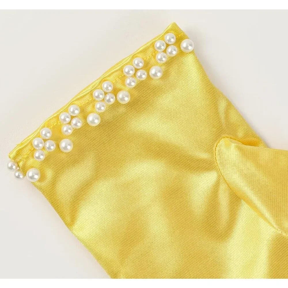 Women's Yellow Satin Pearl Short Length Wrist Gloves Wedding Banquet Party Prom